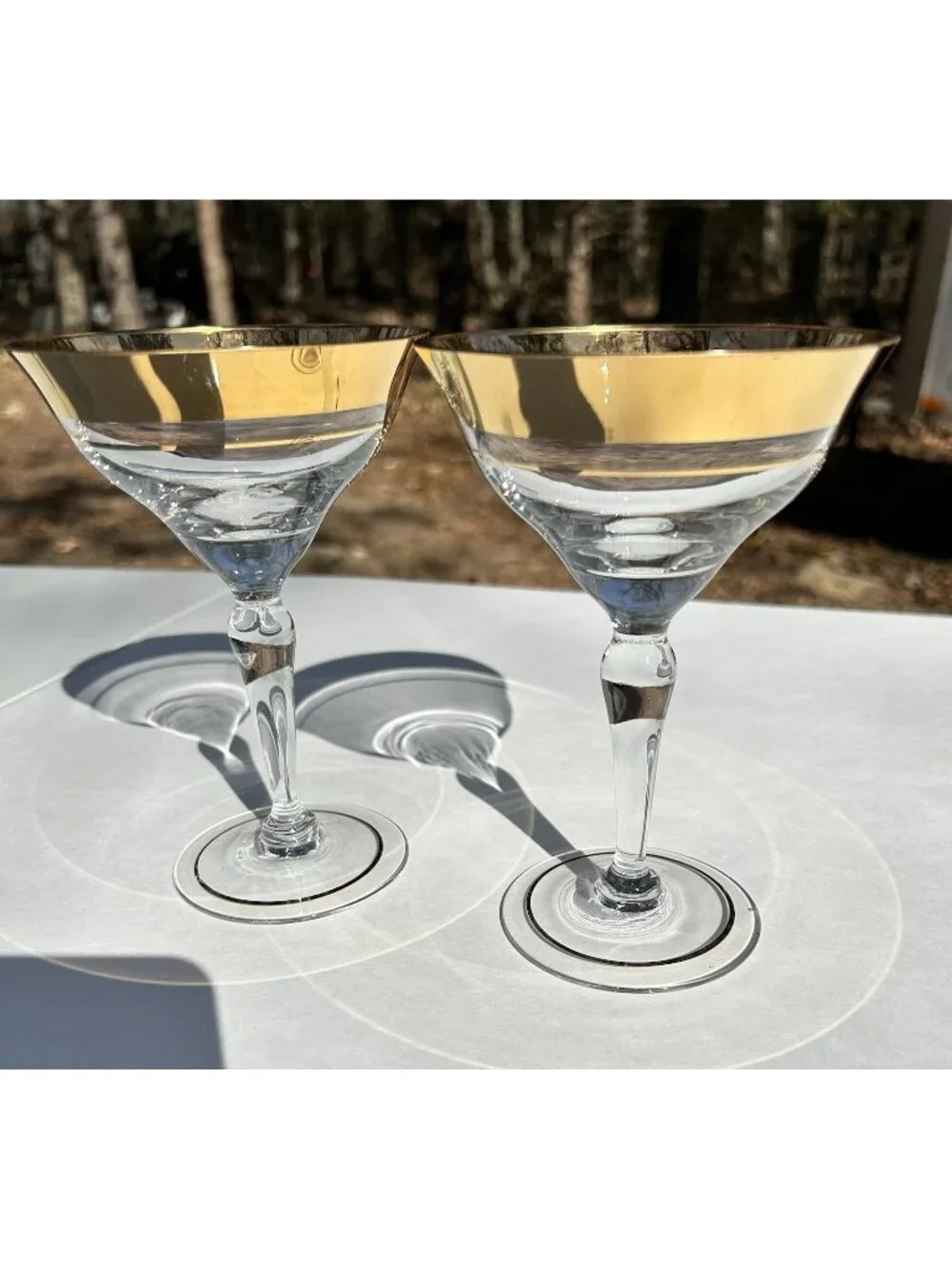 Vintage Set of Two Large Blown Glass Champagne Coupe Wide Gold Rim Glasses MCM